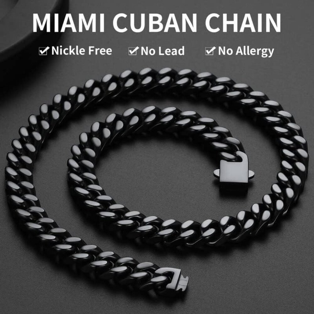 Men's 12mm Width Steel 18K Gold Plated Black Durable Hip Hop Cuban Chain Jewelry - Picture 2 of 7